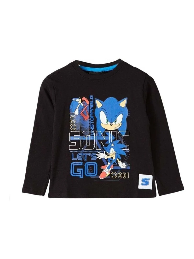 Sonic T shirt garçon imprimé Sonic en coton Noir