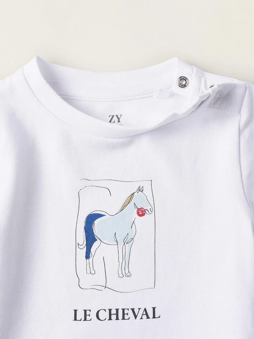 T shirt en Coton pour Nouveau Né 'Cavalo' manches courtes   Blanc