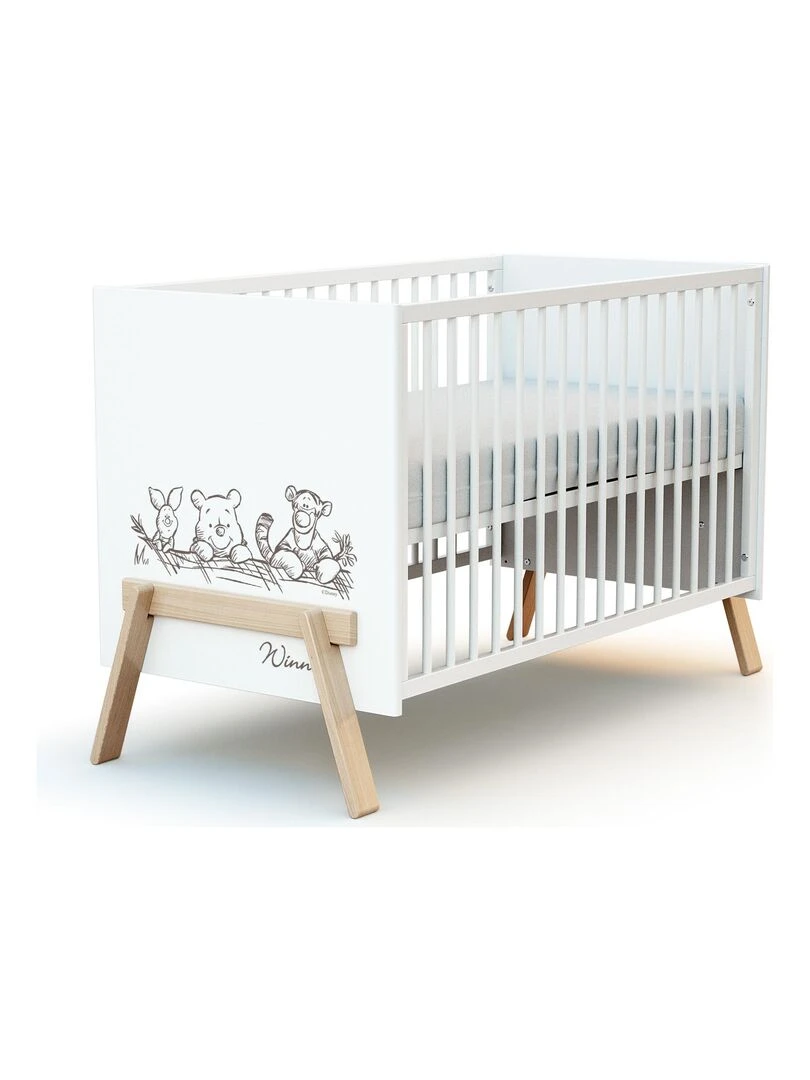 AT4 Lit bébé Canaille Winnie en bois Blanc et Hêtre 60 x 120 cm Marron clair