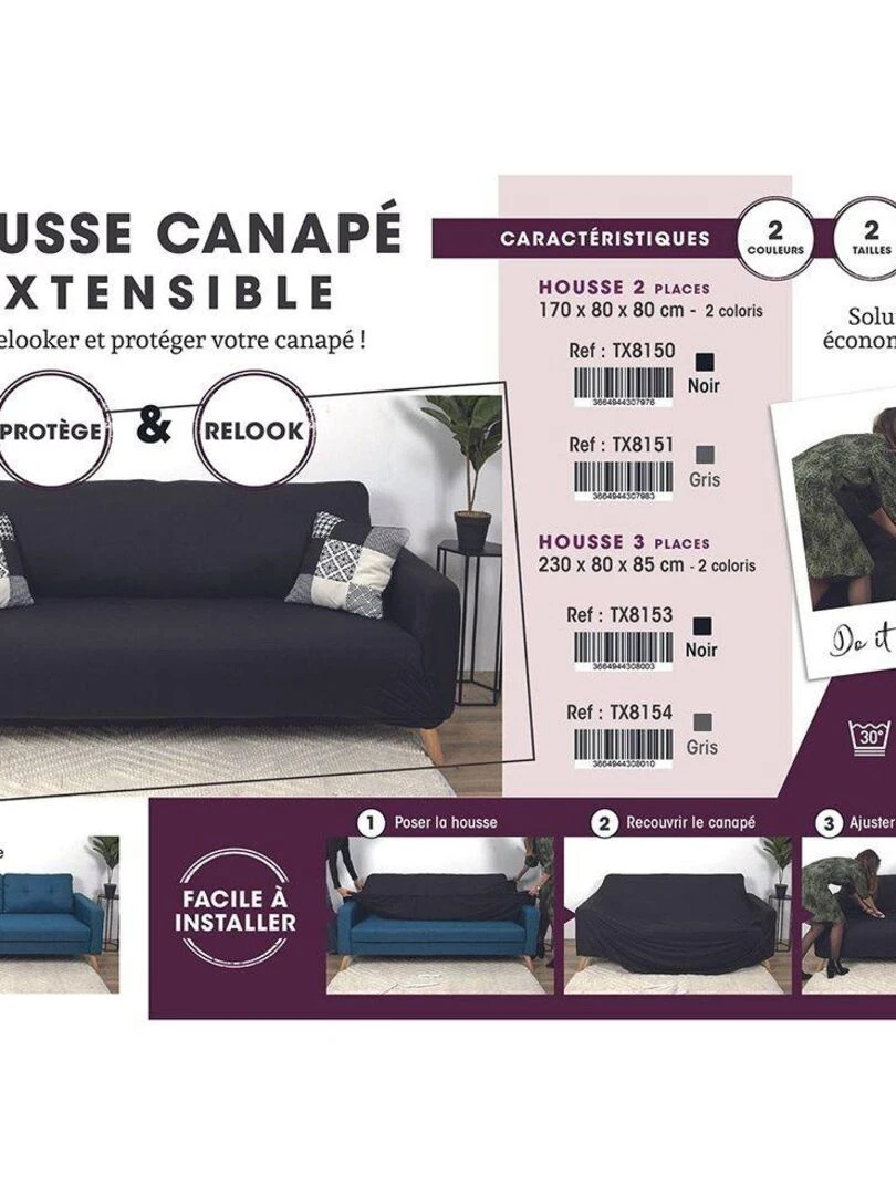 Housse de canapé 3 places extensible noir   Noir