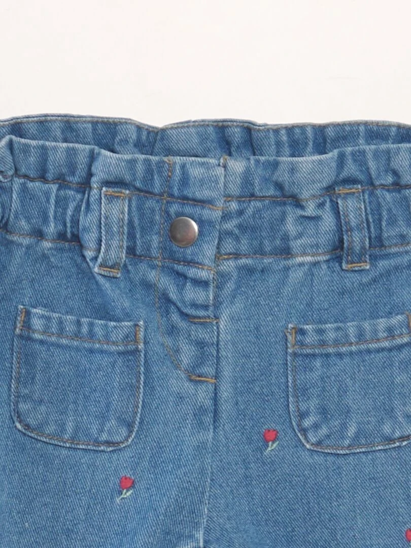 Pantalon en jean brodé tulipes   Bleu
