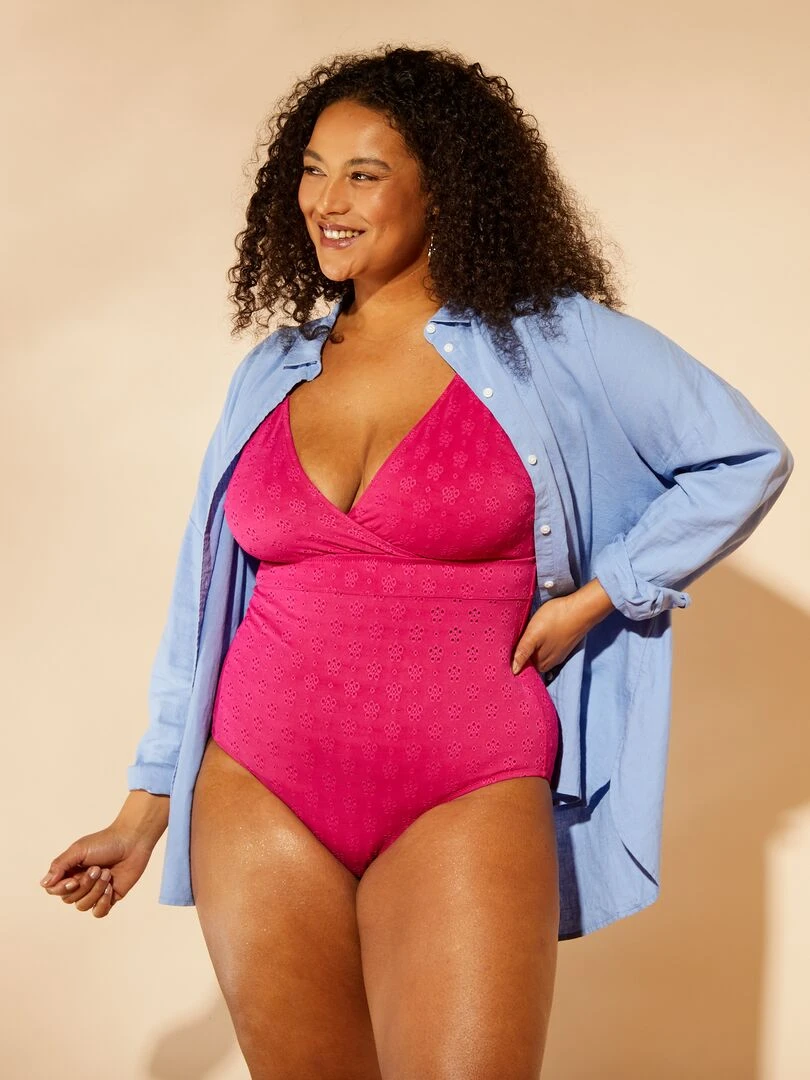 Maillot de bain ajouré uni   1 pièce   Rose