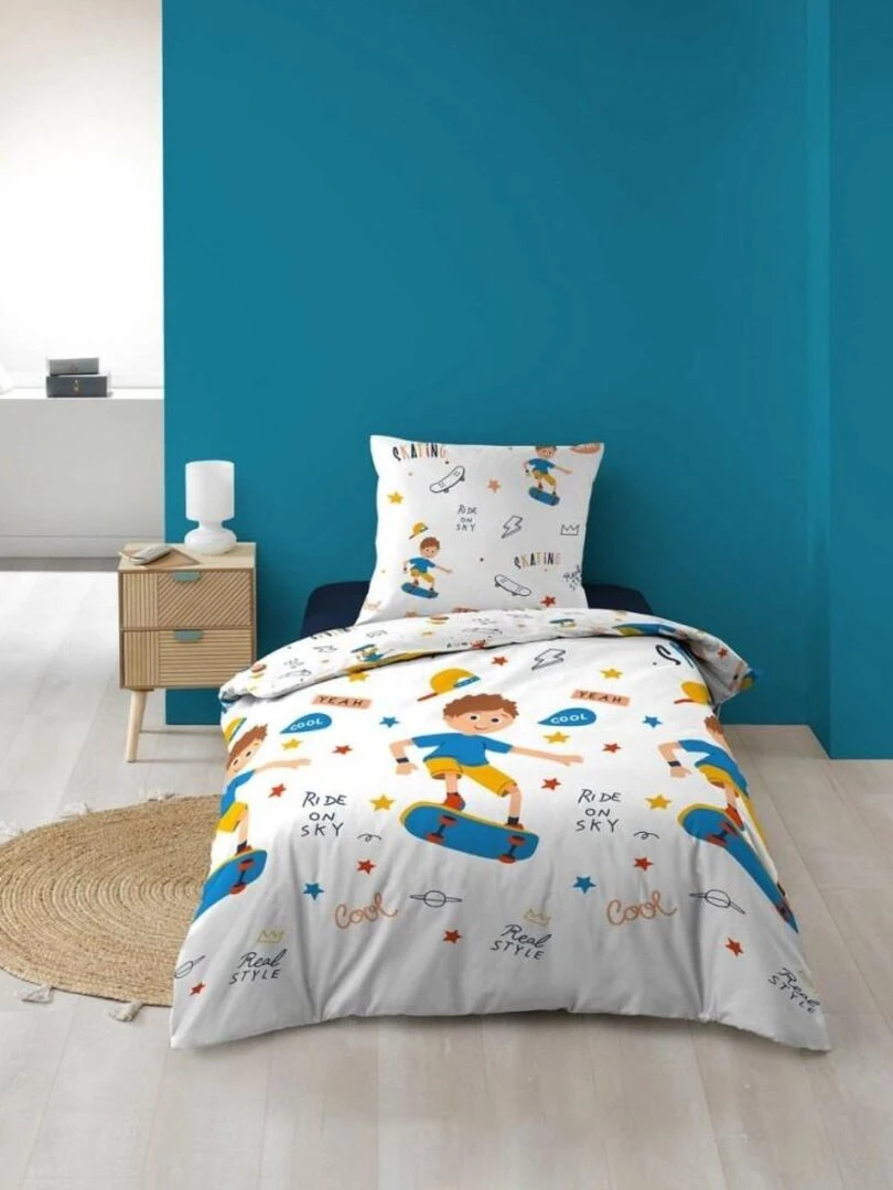 Housse de couette enfant 140x200 Skateboy + 1 taie microfibre Blanc