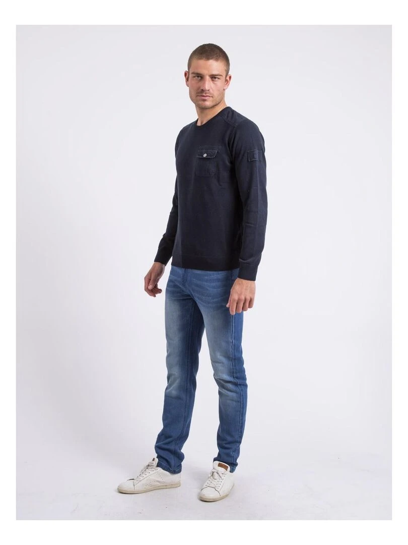 Pull fin col V coton ANTON   Bleu marine