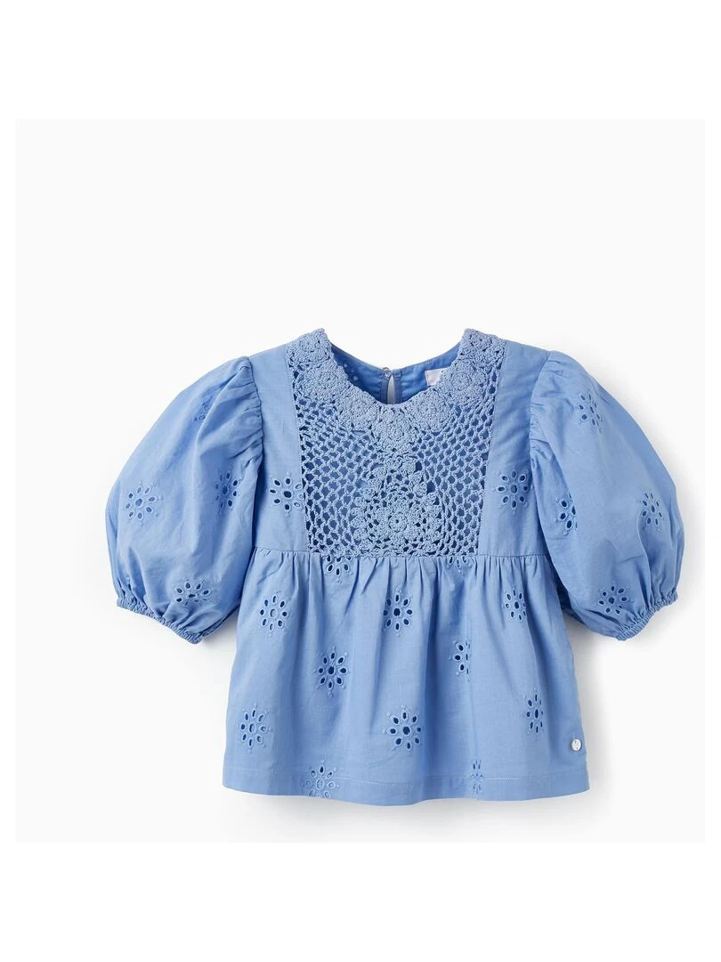 Blouse en coton avec broderie anglaise pour fille manches courtes ATLANTIC COMPANY Bleu clair