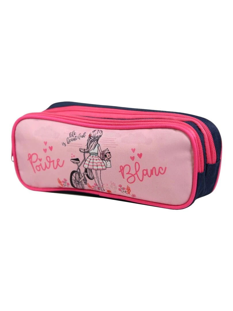 BAGTROTTER Trousse scolaire 2 compartiments Poivre Blanc Rose Vélo Rose