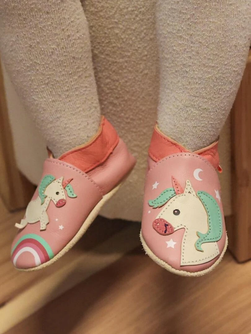 Chaussons bébé cuir souple Laura la licorne   Rose