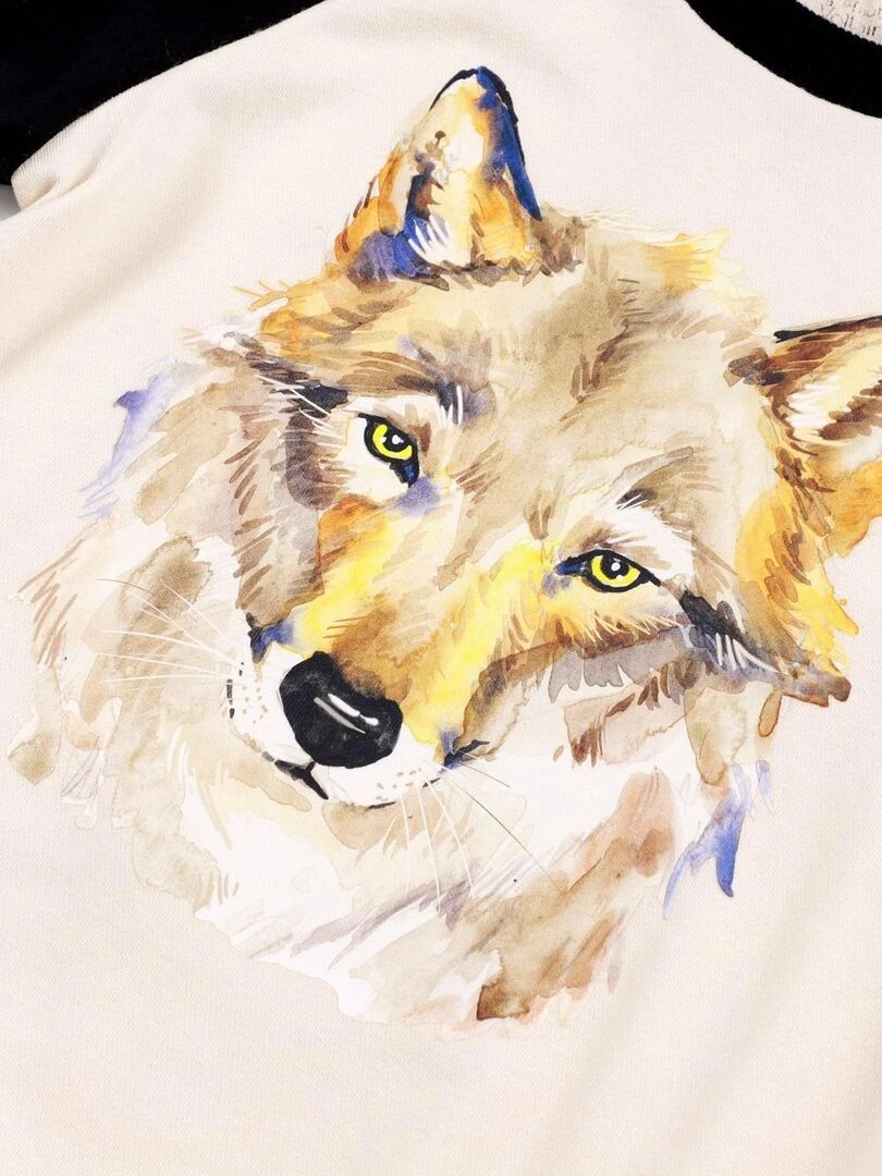 Sweat Shirt Beige Garçon imprimé Loup THE WOLF 'LA FAUTE A VOLTAIRE' Noir Beige