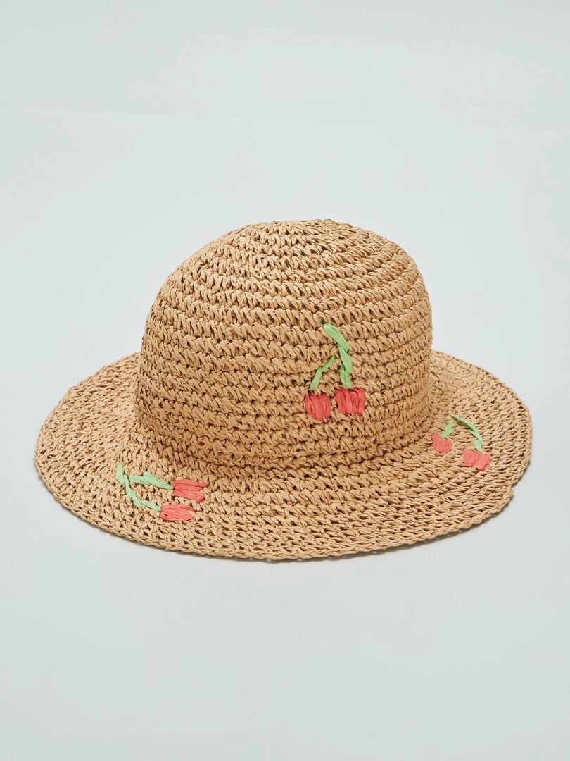 Chapeau de paille imprimé cerises Beige