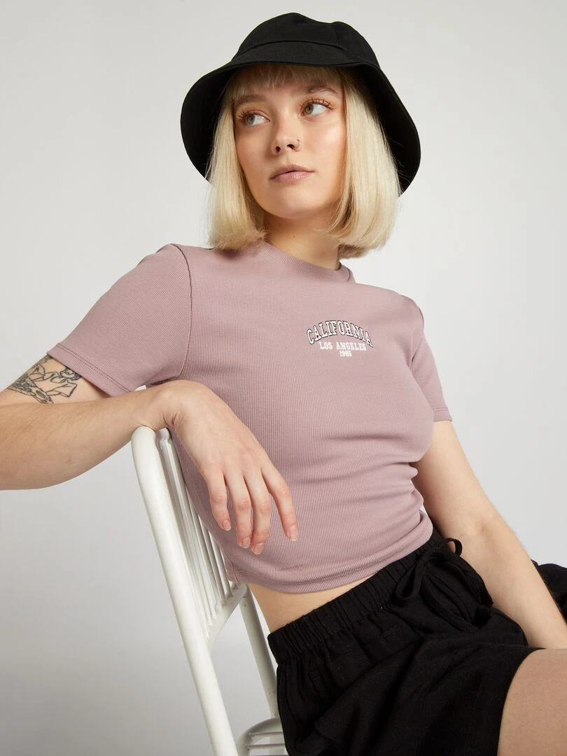 Crop top côtelé uni 'California' Rose