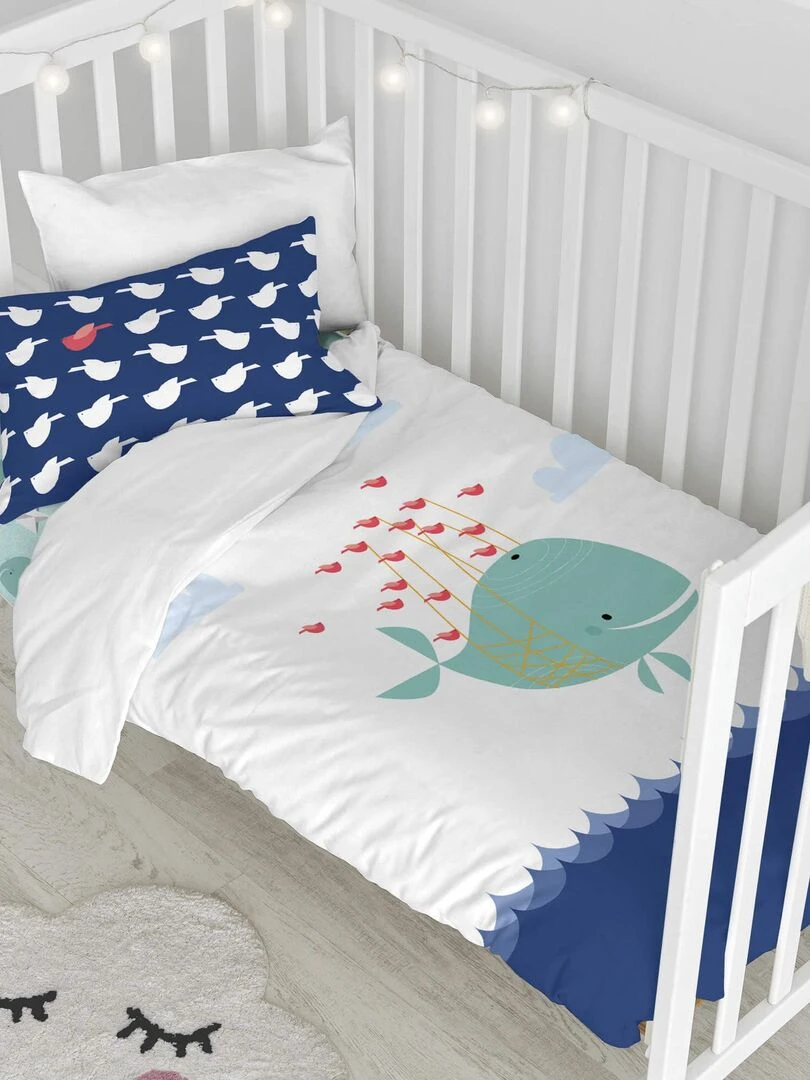 Parure housse de couette 2 pièces Whale Lit Bébé "Happyfriday" Bleu