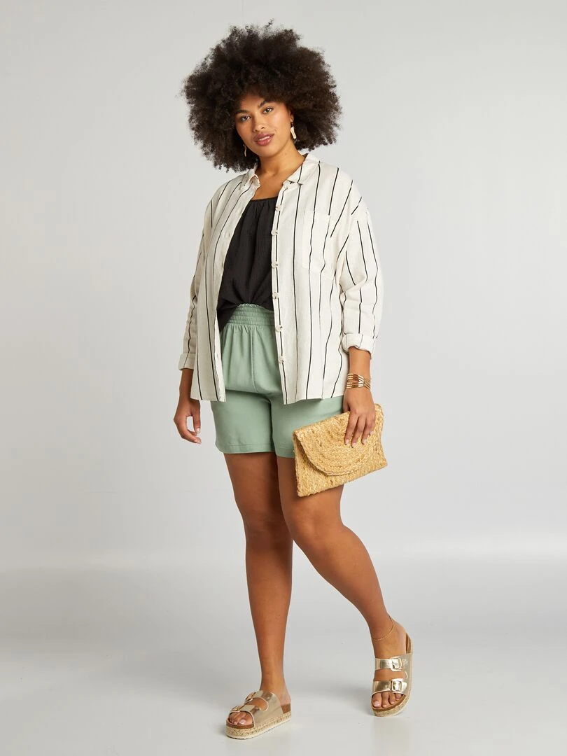 Chemise rayée en lin mélangé Beige