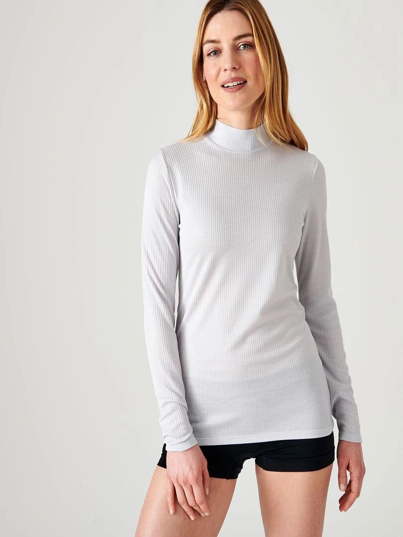 Sous pull col montant maille côtelée Thermolactyl et soie Damart Gris perle