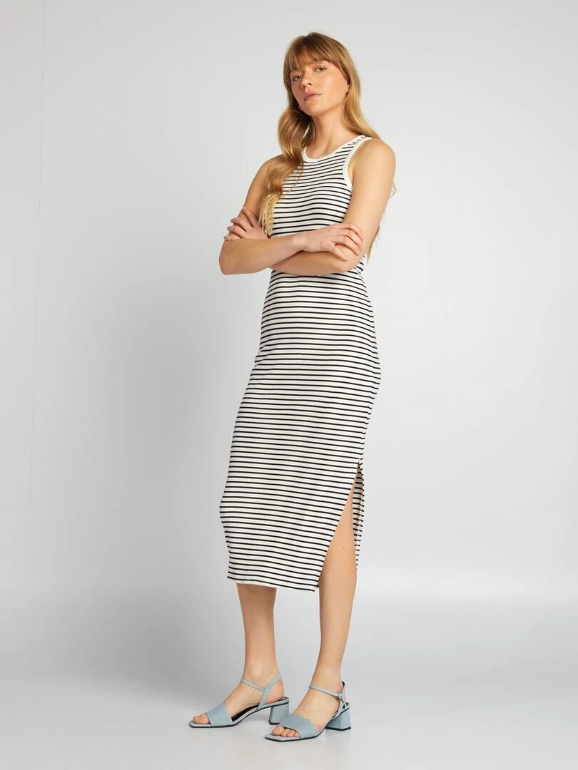 Robe longue en maille côtelée Blanc rayé