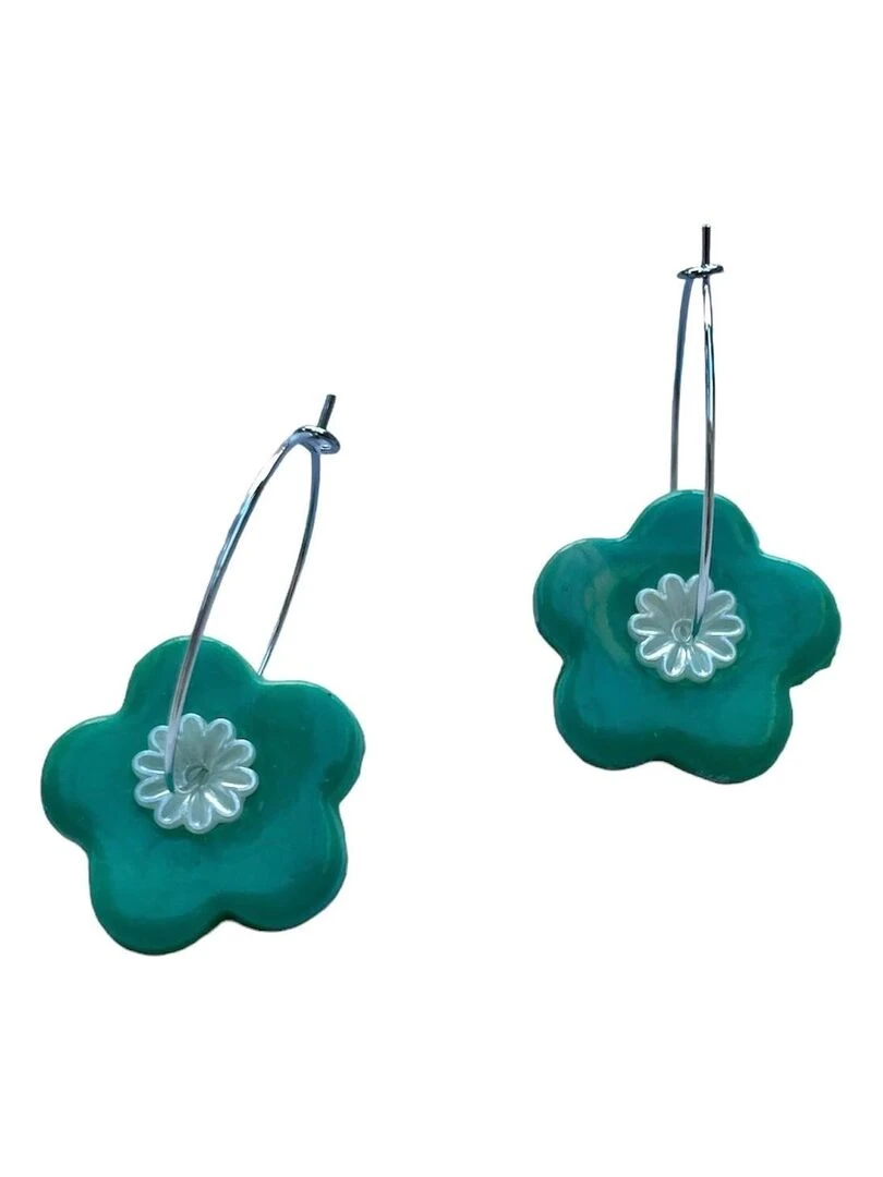 Boucles d'oreilles  créoles fleur verte   Modèle fait main   Vert