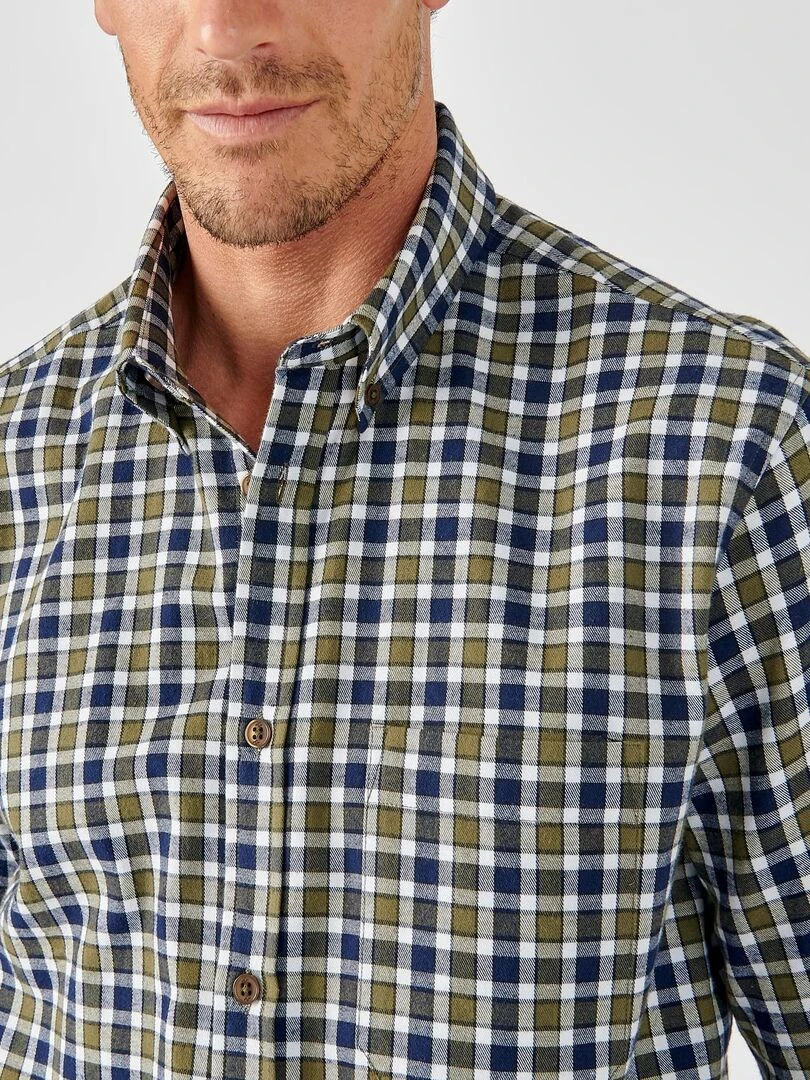 Chemise carreaux grattée pur coton doux Damart Kaki