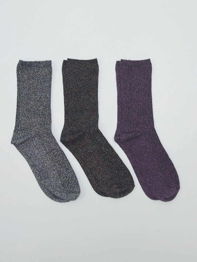 Lot de 3 paires de chaussettes pailletées Noir/gris/violet