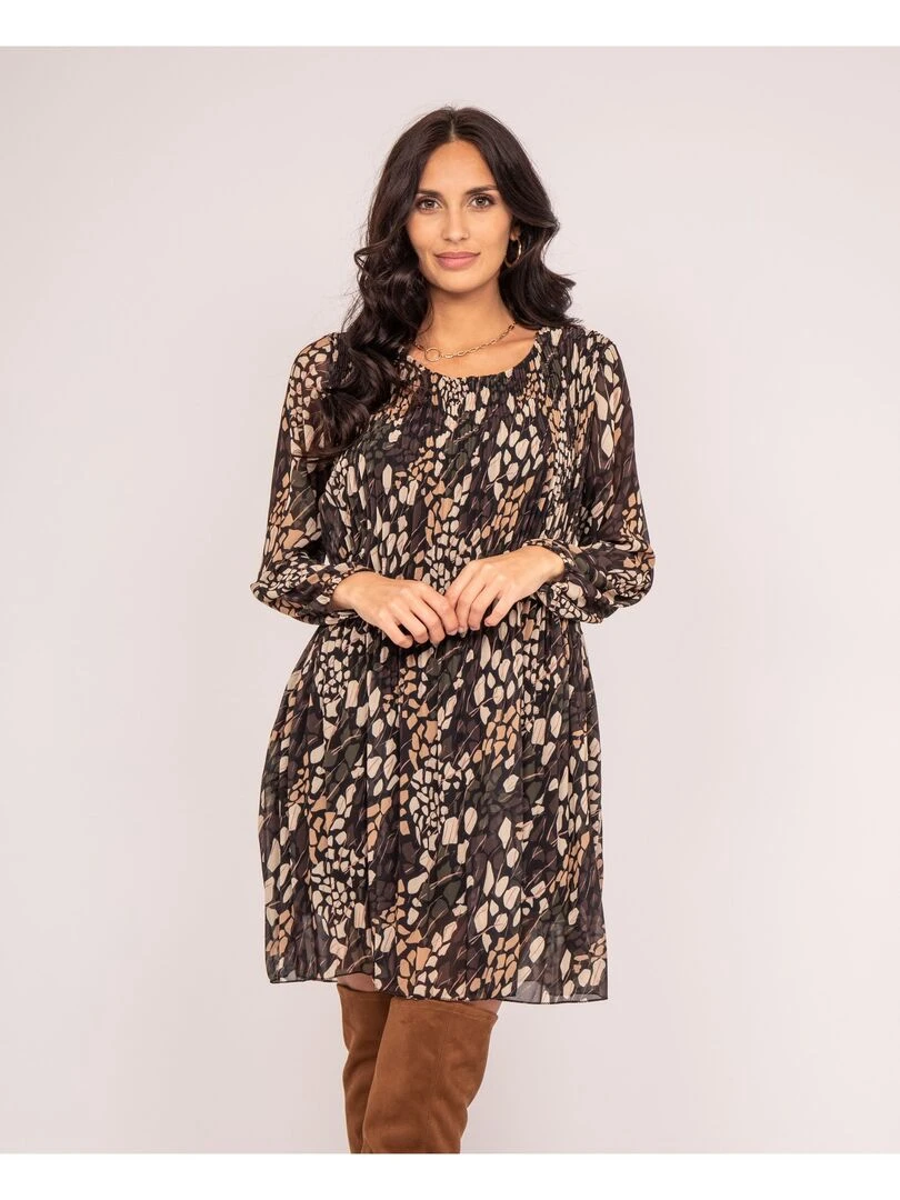 Robe courte motifs plissée INK Kaki
