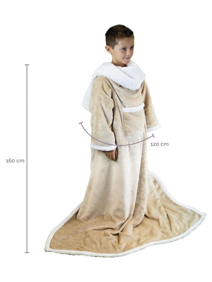 Couverture polaire plaid intégral avec manches et poche Sherpa et flanelle Vivezen Beige