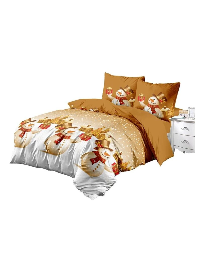Housse de couette + taies 200 x 200 cm + drap housse Bonhomme de neige de noel Marron