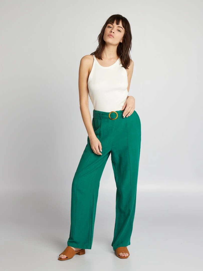 Pantalon large taille haute en lin Vert