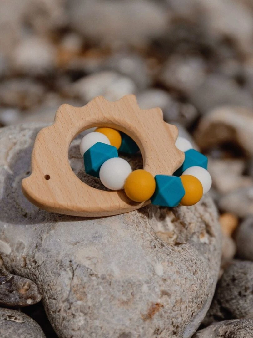 Hochet hérisson bois et silicone   Bleu canard