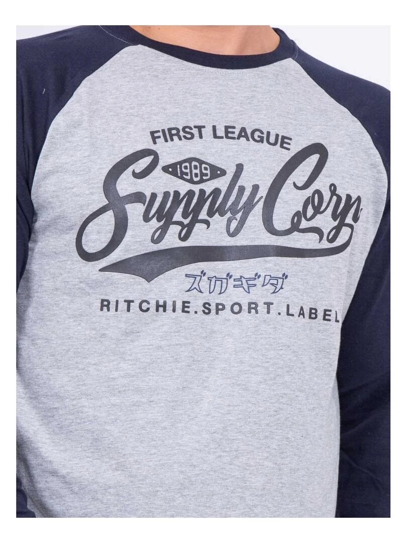 T shirt manches longues col rond pur coton JANDAT   Bleu marine