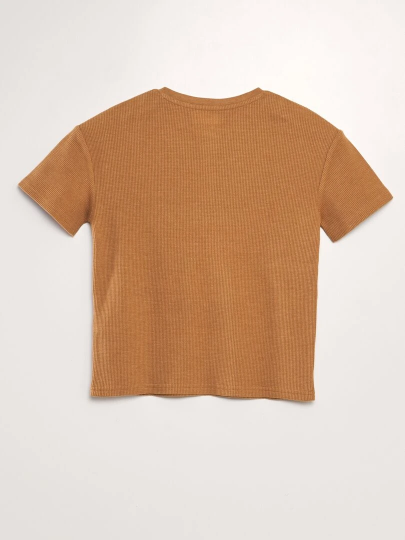 T shirt texturé à col tunisien Marron