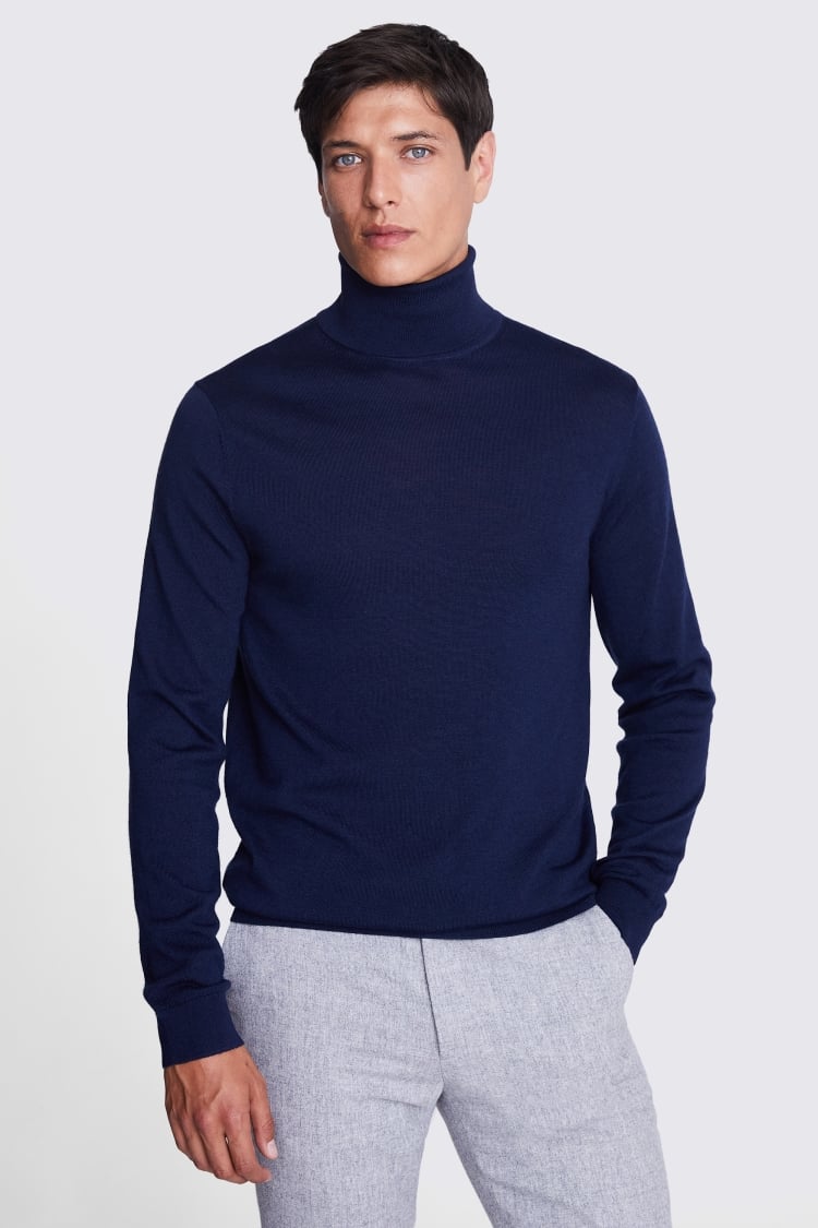 Dark Blue Merino Roll-Neck Jumper Buy Online at Moss