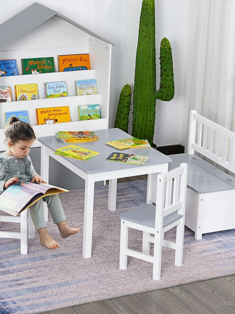 Ensemble table chaises enfant   set de 4 pcs   table  2 chaises  banc coffre 2 en 1   MDF pin   Gris