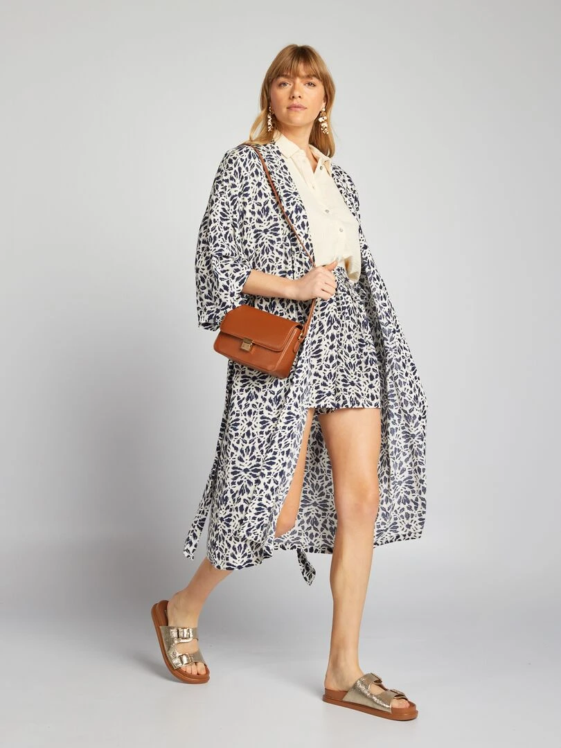 Kimono imprimé à ceinture Bleu marine