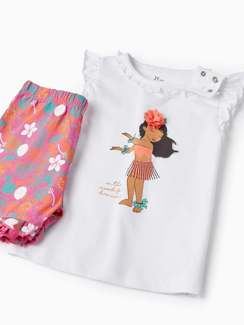 Pyjama en coton avec volants pour bébé fille 'Hawaiian' manches courtes FIJI ISLANDS   Blanc