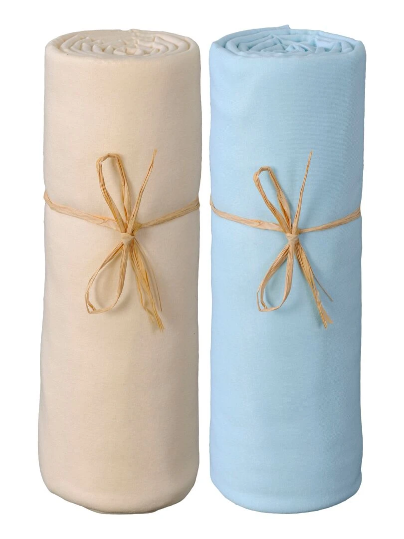 Lot x2 Draps housse bébé 100% jersey Bio peigné 'P'tit Basile' Bleu Ecru