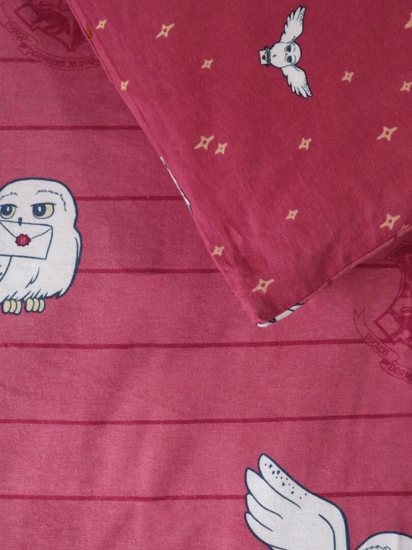 Parure de lit imprimée en flanelle de coton HARRY POTTER HEDWIGE Bordeaux