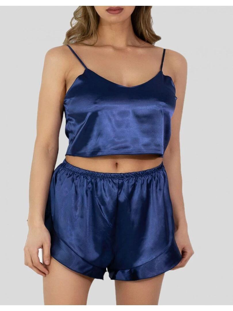 Ensemble Pyjashort fluide en satin Kebello Bleu