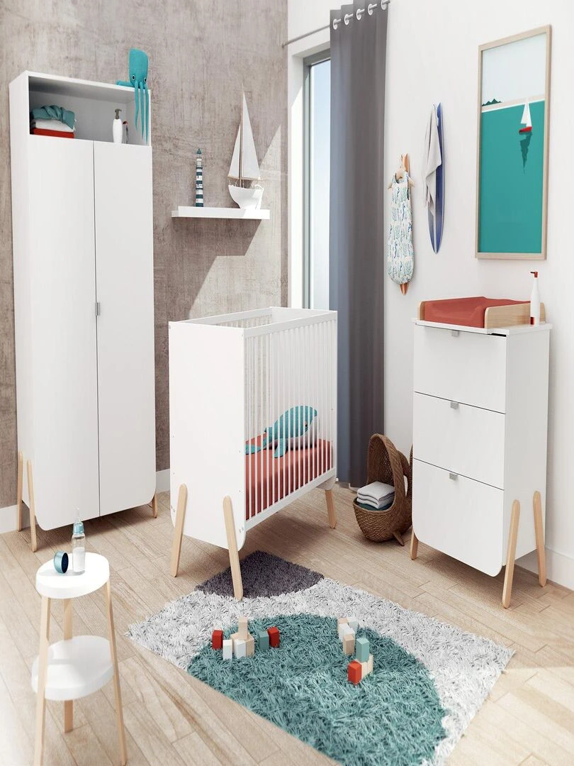 AT4 Chambre enfant lit + commode 3 tiroirs et armoire en bois PIRATE Blanc Marron