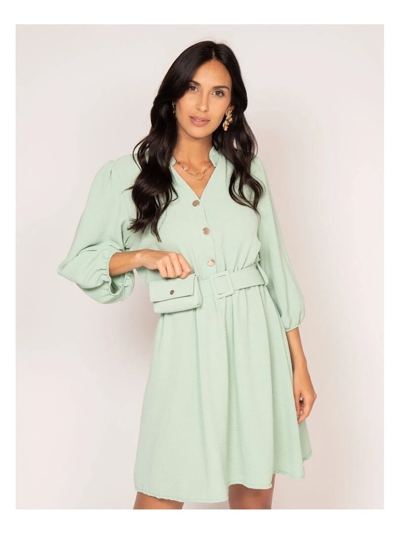 Robe chemise courte avec ceinture INATA Vert d'eau
