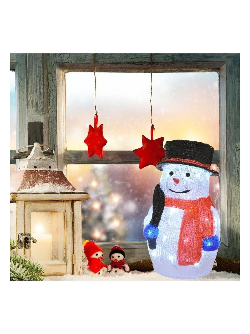 Bonhomme de neige écharpe chapeau noël lumineux 30 leds H38 secteur Rouge