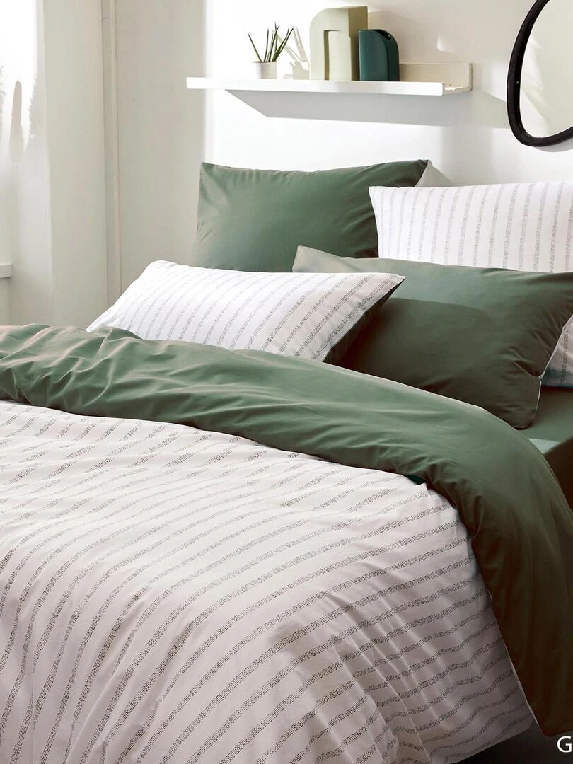 Housse de couette en percale de coton à rayures Vert olive