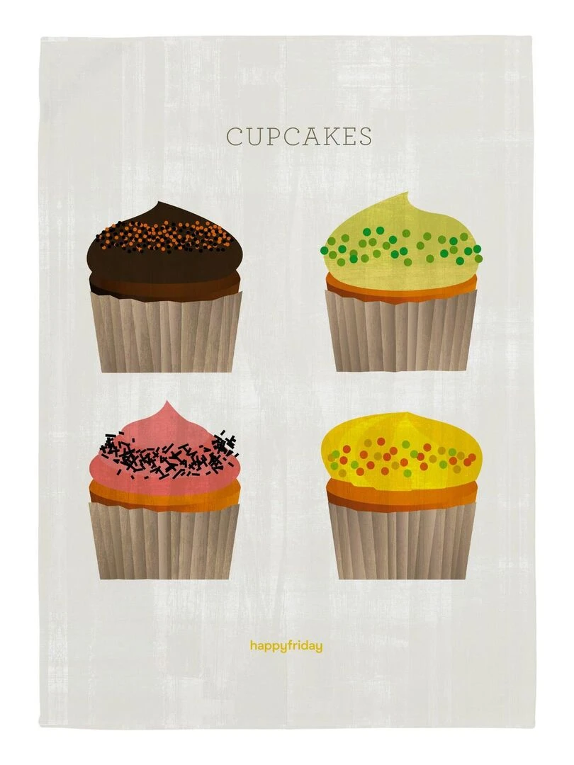 Torchon (2 pièces) Cupcakes "Happyfriday"   Blanc