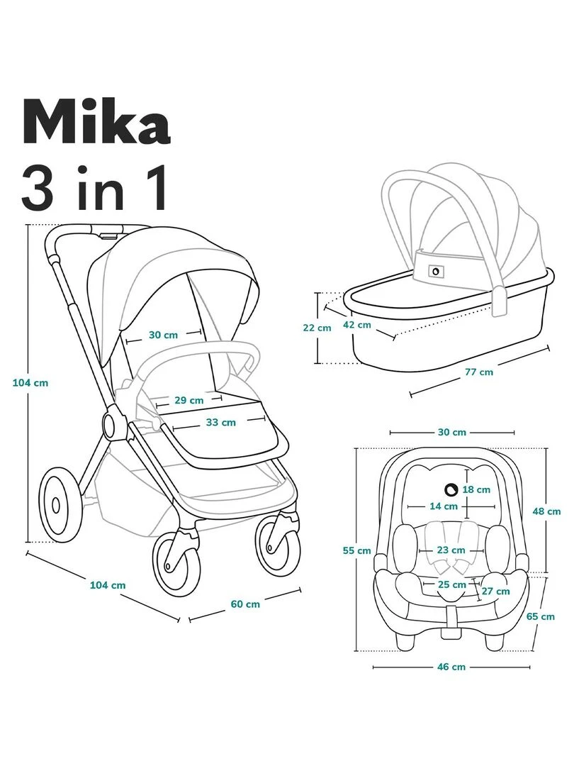 LIONELO Mika   Poussette bébé 3en1   De 0 à 48 mois   Poussette  Nacelle  Cosy  Siège auto   Vert   Vert