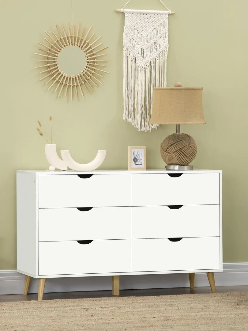 Commode 6 tiroirs design scandinave bois pin panneaux blanc Blanc