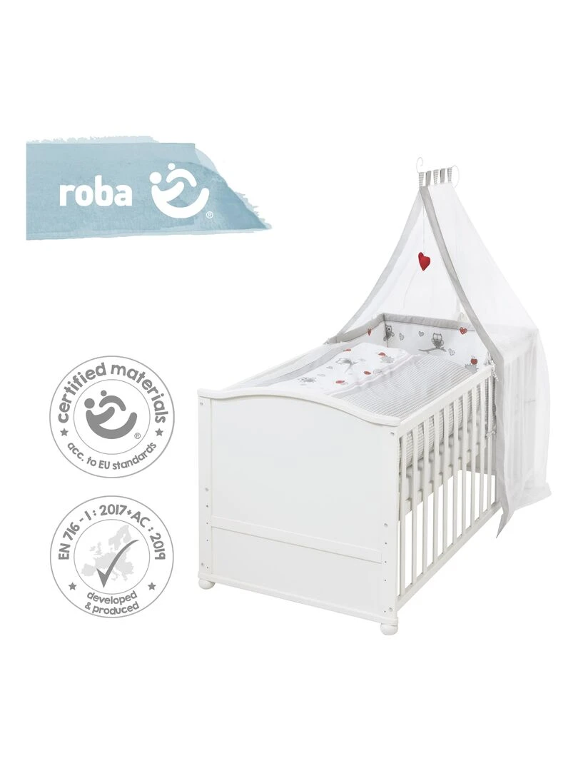ROBA Lit bébé évolutif complet "Adam et Eule"   70x140 + Équipement Complet   Blanc