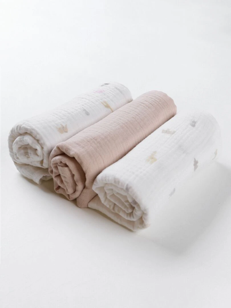Set de 3 langes imprimé animalier en mousseline écru/beige Marron