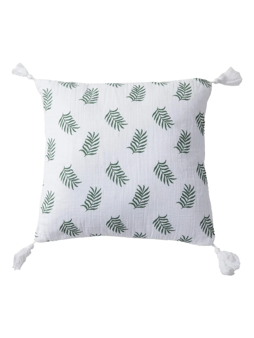Coussin en double gaze de coton avec imprimé feuillage 'Deko&co'   Blanc Vert