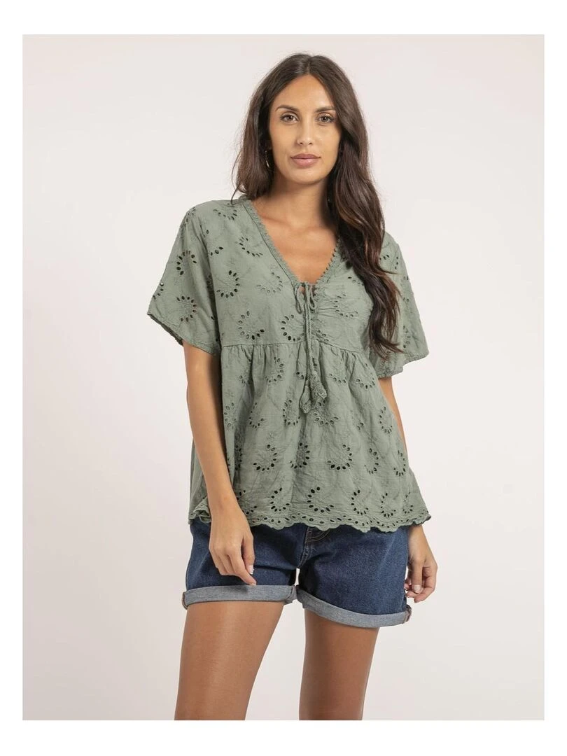 Blouse manches courtes broderies anglaises FEBO Kaki