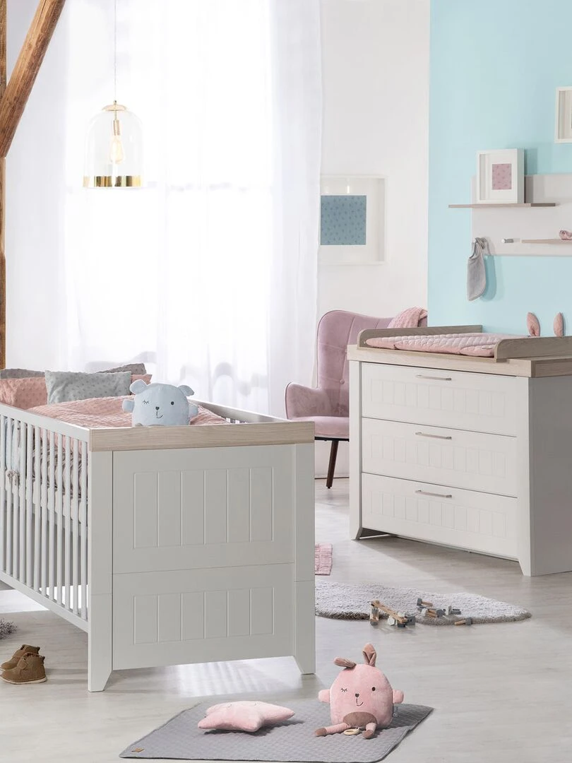 ROBA Lit bébé évolutif "Helene"   70x140   Hauteur Réglable   0 à 7 Ans   Gris clair/Décor Bois   Gris clair