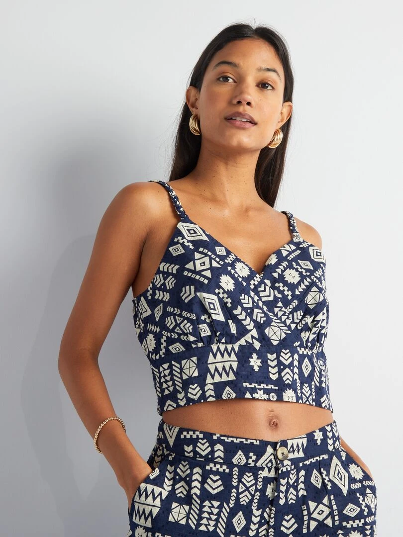Crop top à bretelles imprimé ethnique   Bleu
