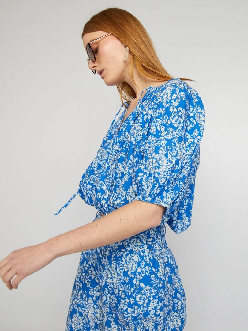 Blouse crop top à manches ballons   Bleu