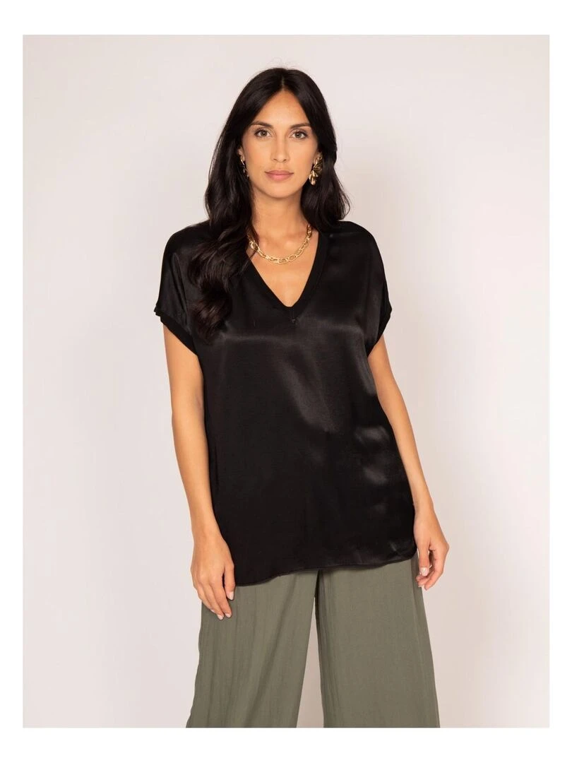 T shirt col V satin FENTA Noir